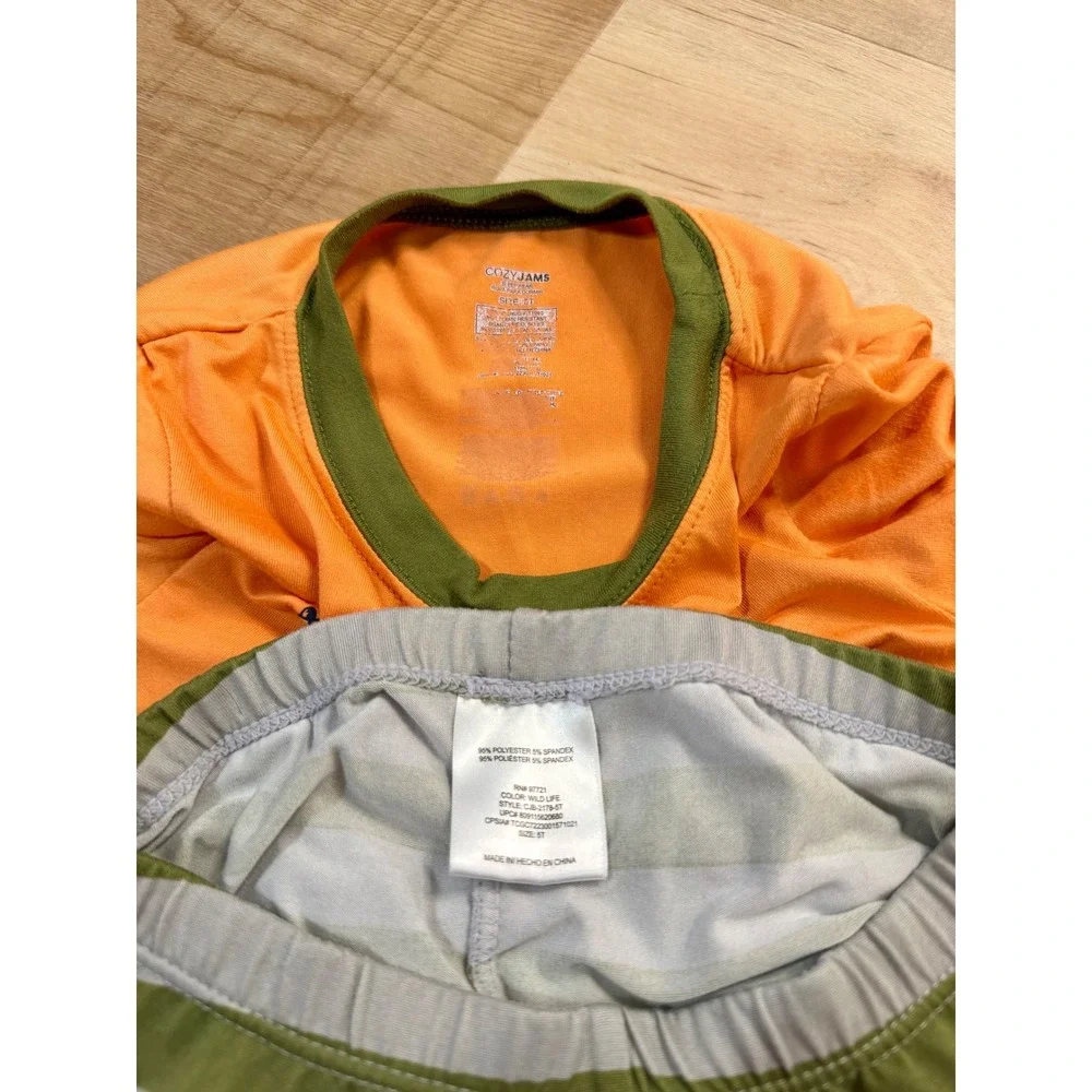 Cozy Jams Kids 4 Piece Pajama Set Tiger Jungle Wild Life Crew Orange Green 5T